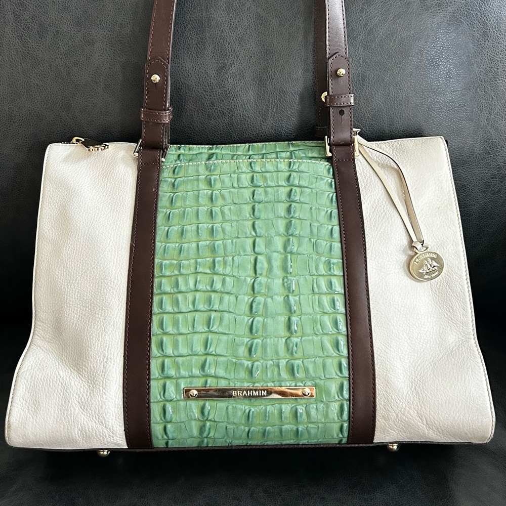 Brahmin Green and White Tote with Elegant Design